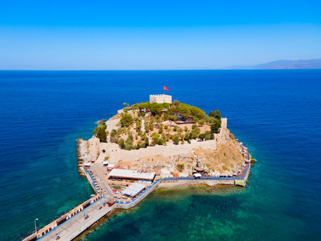 Guvercinada means Pigeon Island aerial panoramic view in Kusadasi city. Kusadasi is located in Aydin Province in Turkey.の写真素材