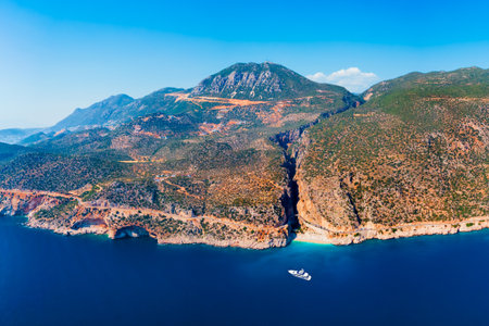 Kaputas Beach and Uyluk Tepe Mountain aerial panoramic view. Kaputas or Kaputash is a small beach between Kas and Kalkan in Antalya Province, Turkeyの写真素材