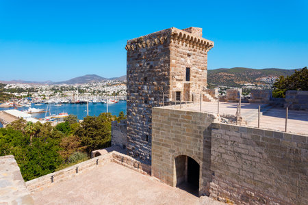 Tower at the Bodrum Castle of St. Peter in Bodrum city. Bodrum is a city in Mugla Province, Turkey.の写真素材