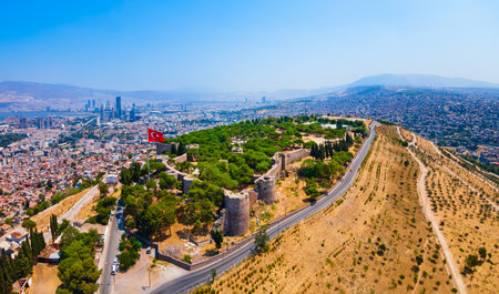 Kadifekale aerial panoramic view. Kadifekale is a hilltop fortress on the Mount Pagos in Izmir city in Turkey.の写真素材
