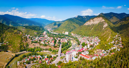 Borjomi aerial panoramic view. Borjomi is a resort town in Samtskhe Javakheti region of Georgia.の写真素材