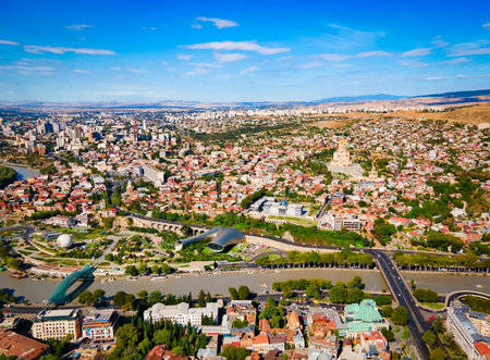 Tbilisi old town aerial panoramic view. Tbilisi is the capital and the largest city of Georgia, lying on the banks of the Kura River.の写真素材