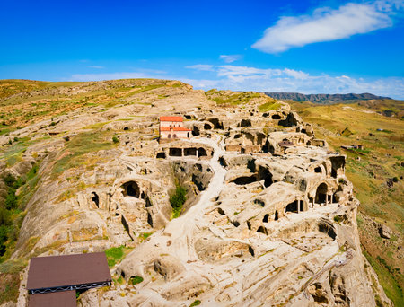 Uplistsikhe aerial panoramic view. Uplistsikhe is an ancient rock hewn town near Gori in Shida Kartli region of Georgiaの写真素材