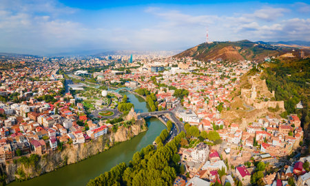 Tbilisi old town aerial panoramic view. Tbilisi is the capital and the largest city of Georgia, lying on the banks of the Kura River.の写真素材