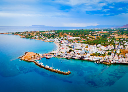 Hersonissos harbor aerial panoramic view. Hersonissos or Chersonissos is a town in the north of Crete island in Greece.の写真素材