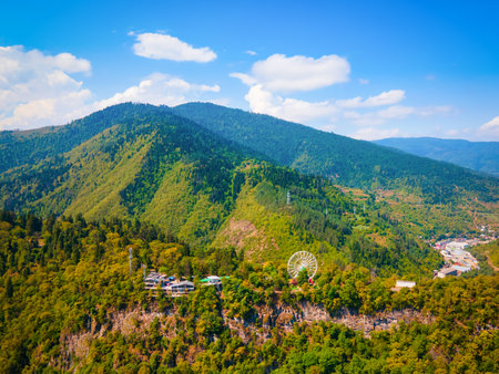 Borjomi aerial panoramic view. Borjomi is a resort town in Samtskhe Javakheti region of Georgia.の写真素材
