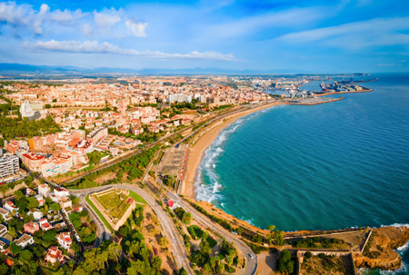Tarragona city beach aerial panoramic view. Tarragona is a port city located in northeast Spain on the Costa Daurada by the Mediterranean Sea.の写真素材