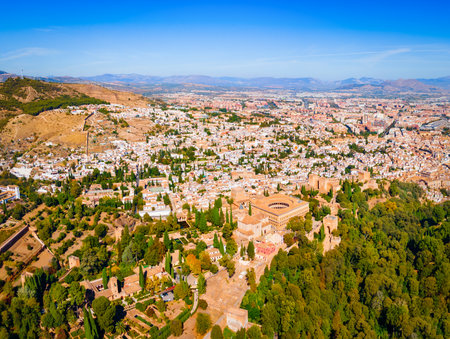 The Alhambra aerial panoramic view. The Alhambra is a fortress complex located in Granada city, Andalusia region in Spain.の写真素材