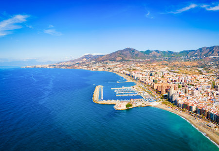 Fuengirola city beach and marina aerial panoramic view. Fuengirola is a city on the Costa del Sol in the province of Malaga in the Andalusia, Spain.の写真素材