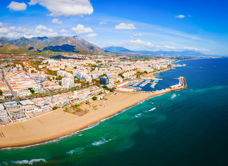 Marbella city beach aerial panoramic view. Marbella is a city in the province of Malaga in the Andalusia, Spain.の写真素材