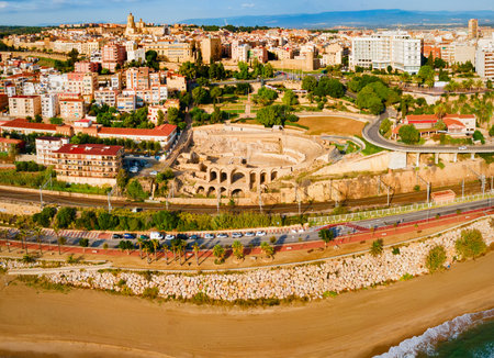 Tarragona Amphitheatre aerial panoramic view. Tarragona Amphitheatre is a Roman amphitheatre in the city of Tarragona in the Catalonia region of Spain.の写真素材