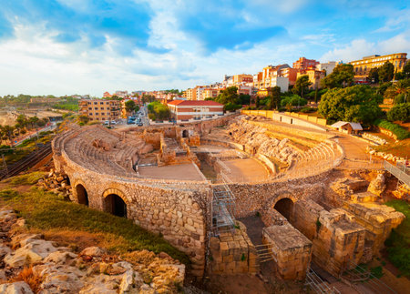 Tarragona Amphitheatre aerial panoramic view. Tarragona Amphitheatre is a Roman amphitheatre in the city of Tarragona in the Catalonia region of Spain.の写真素材