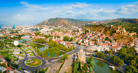Tbilisi old town aerial panoramic view. Tbilisi is the capital and the largest city of Georgia, lying on the banks of the Kura River.の写真素材