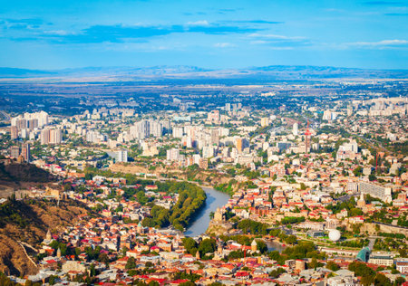 Tbilisi old town aerial panoramic view. Tbilisi is the capital and the largest city of Georgia, lying on the banks of the Kura River.の写真素材