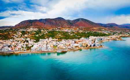 Hersonissos town aerial panoramic view. Hersonissos or Chersonissos is a town in the north of Crete island in Greece.の写真素材