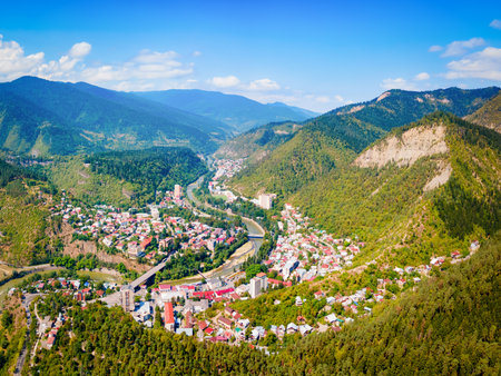 Borjomi aerial panoramic view. Borjomi is a resort town in Samtskhe Javakheti region of Georgia.の写真素材