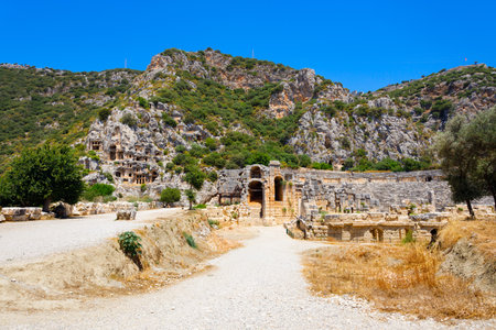 Myra ancient city ruins with rock cut tombs. Myra is located in Demre city in Antalya province of Turkey.の写真素材