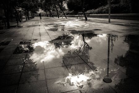 urban landscape, puddle on the pavement