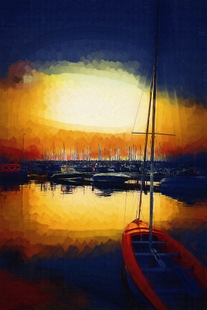 lone boat bobs on the waves in the evening Yacht Clubの写真素材