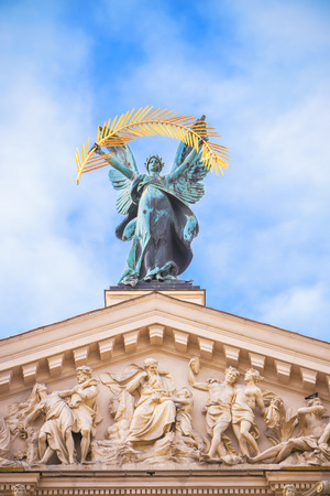 statue adorn front of Lviv State Academic Opera and Ballet Theatre. Theatre (1897 - 1900) was built in classical tradition of Renaissance and Baroque architecture. Ukraineの写真素材