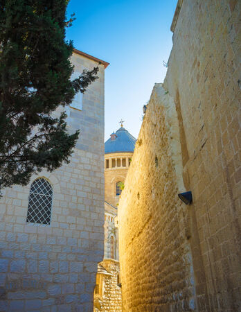narrow passage near church in old Jerusalem Hagia Maria Sionの写真素材