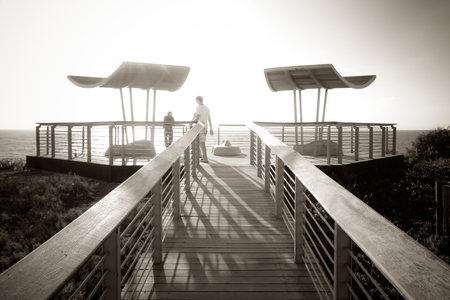 black-white photo with railing paths viewing platformの写真素材