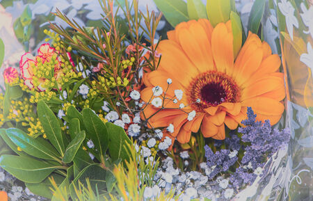 natural festive bouquet of flowers with gerberaの写真素材