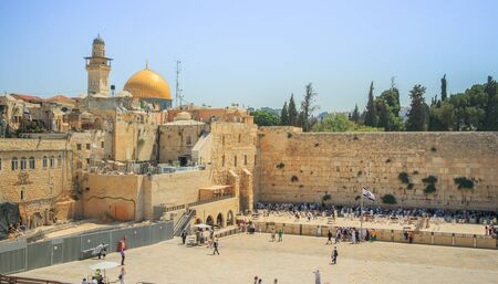 View of the Wailing Wall and on the gold-plated Dome Rock Al-Aqsa, Temple Mount, minaret, Jerusalem. Israel.のeditorial素材
