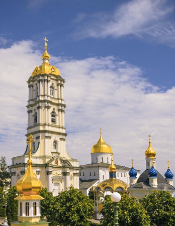 View of Trinity Cathedral, Bell Tower, Summer altar and a chapel in honor of the 2000th anniversary of the birth of Christ in Pochaev Lavra. Pochayiv Lavra. Ukraineのeditorial素材