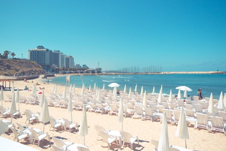 Recreation area on the Mediterranean Sea on the shores of Israel with a view of the deck chairs in the winter time of the year. Tel Aviv.のeditorial素材