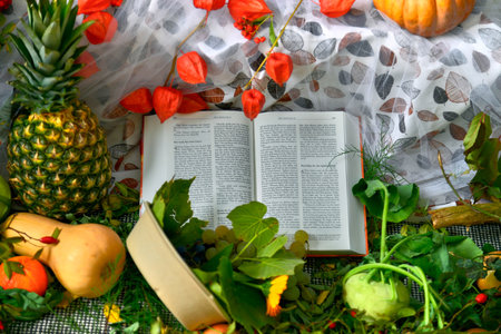 Decoration for the harvest festival with Fruits, vegetables, etc.の写真素材