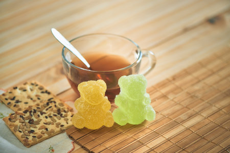 Refreshing Organic Sweet Beverage on a Cozy Wood Plateの写真素材