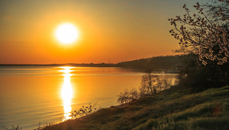 Tranquil sunset scene in bright golden colorsの写真素材