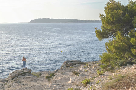 Tranquil Beach Shore with Person Enjoying a Day on the Bay