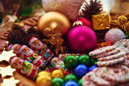 Traditional Christmas Decoration with Multi-Colored Balls and Starsの写真素材