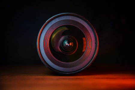 Close-Up of Camera Lens Highlighting Reflections on Black and Orange Backgroundの写真素材