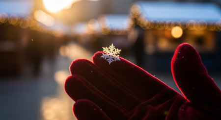 Snowflake on a red glove on the background of a winter fairの写真素材