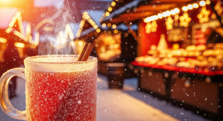 A mug with a steamed hot drink against the backdrop of an inviting winter market