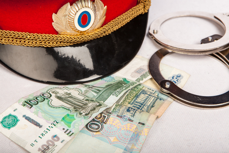 Police, russian money and handcuffs の写真素材