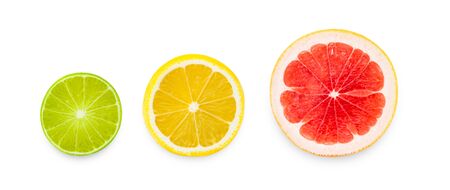 Citrus fruits, lime, lemon and grapefruit isolated on a white backgroundの写真素材
