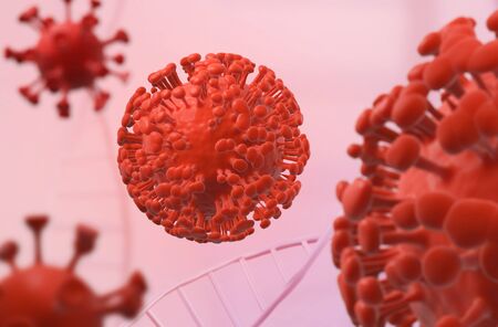 coronavirus COVID-19 cell under the microscope. Red viruses in space 3D illustration.