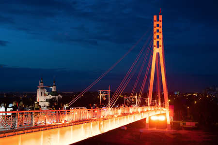 Russia, Tyumen, June 2019: Bridge and night lights, on embankment of Tyumenのeditorial素材