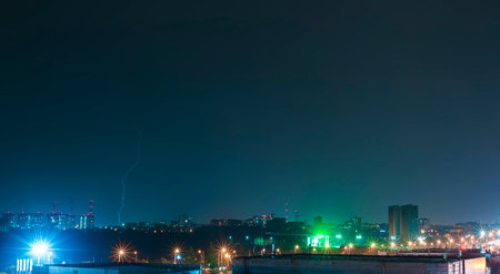 Lightning against the night cityの写真素材
