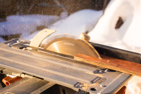 Cutting boards on a circular rustic village sawの写真素材