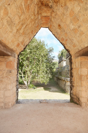 The unique Mayan ruins of Ek Balam, known for its well-preserved stucco facade of an earth monsterの写真素材