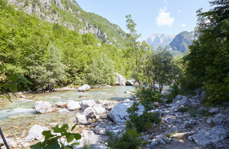 The scenic hike to Theth Waterfall and the Blue Eye spring in Theth, Albaniaの写真素材