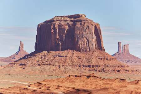 The iconic Mittens formations, as seen on the Monument Valley Scenic Driveの写真素材
