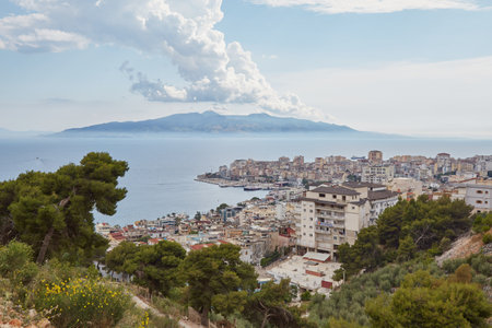 The city of Sarande, Albania, located along the Adriatic coastの写真素材