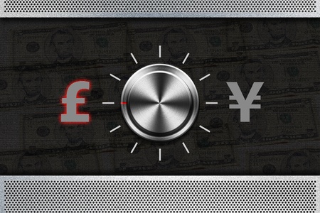 Button Selector money sign "POUND" , "YEN" on the metal panelの写真素材