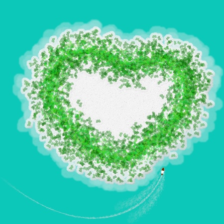 Bird eye view of heart shaped island with yacht as concept for romantic vacation の写真素材
